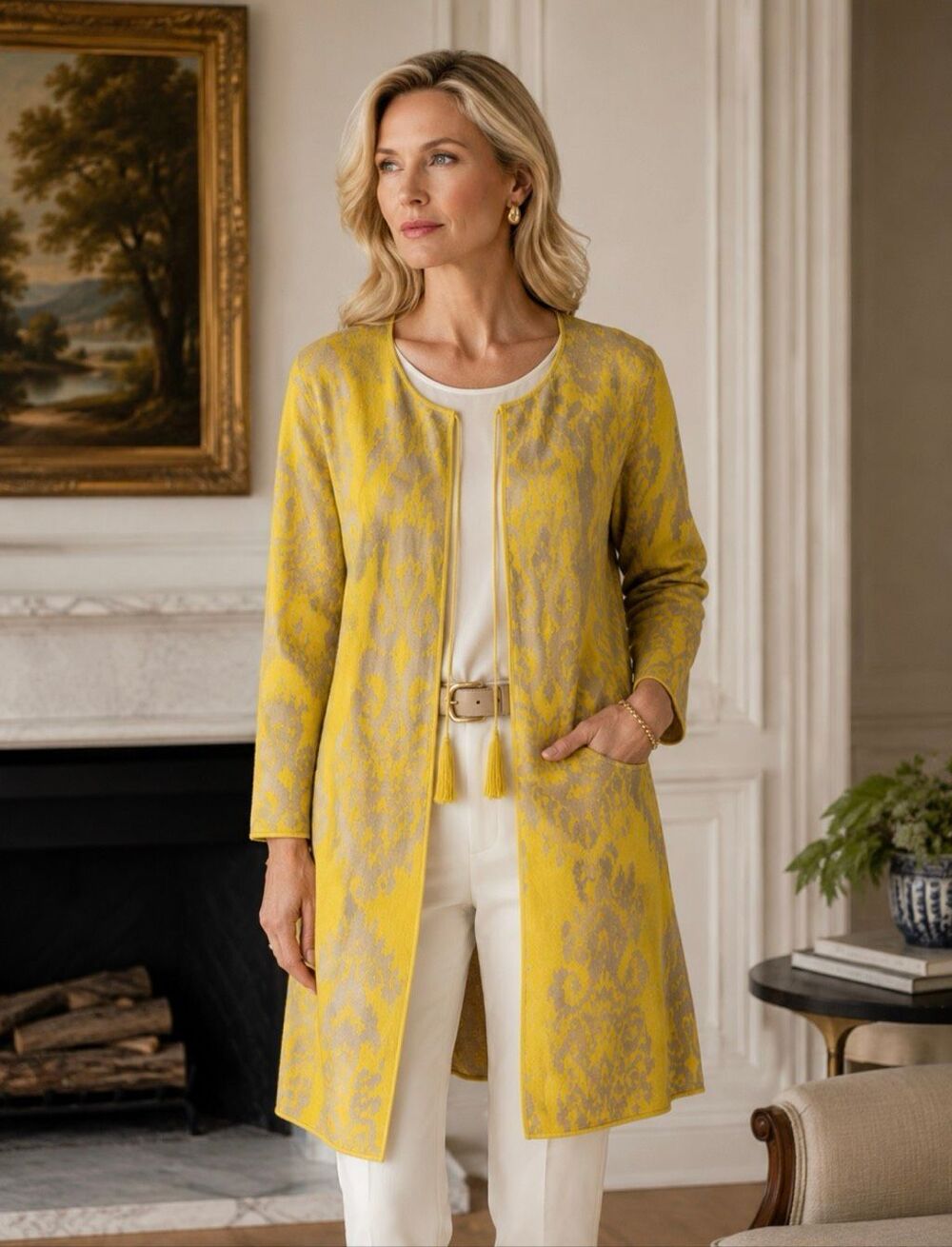 Rara Avis by Iris Apfel Yellow Ikat Duster Cardigan XL Tassel Art to Wear